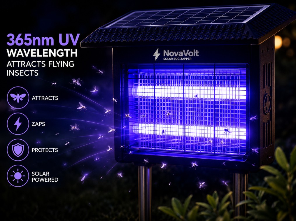 365nm UV wavelength attracting flying insects to NovaVolt solar bug zapper