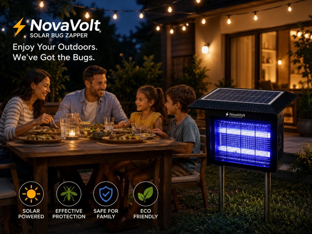 NovaVolt solar bug zapper protecting family enjoying outdoor patio